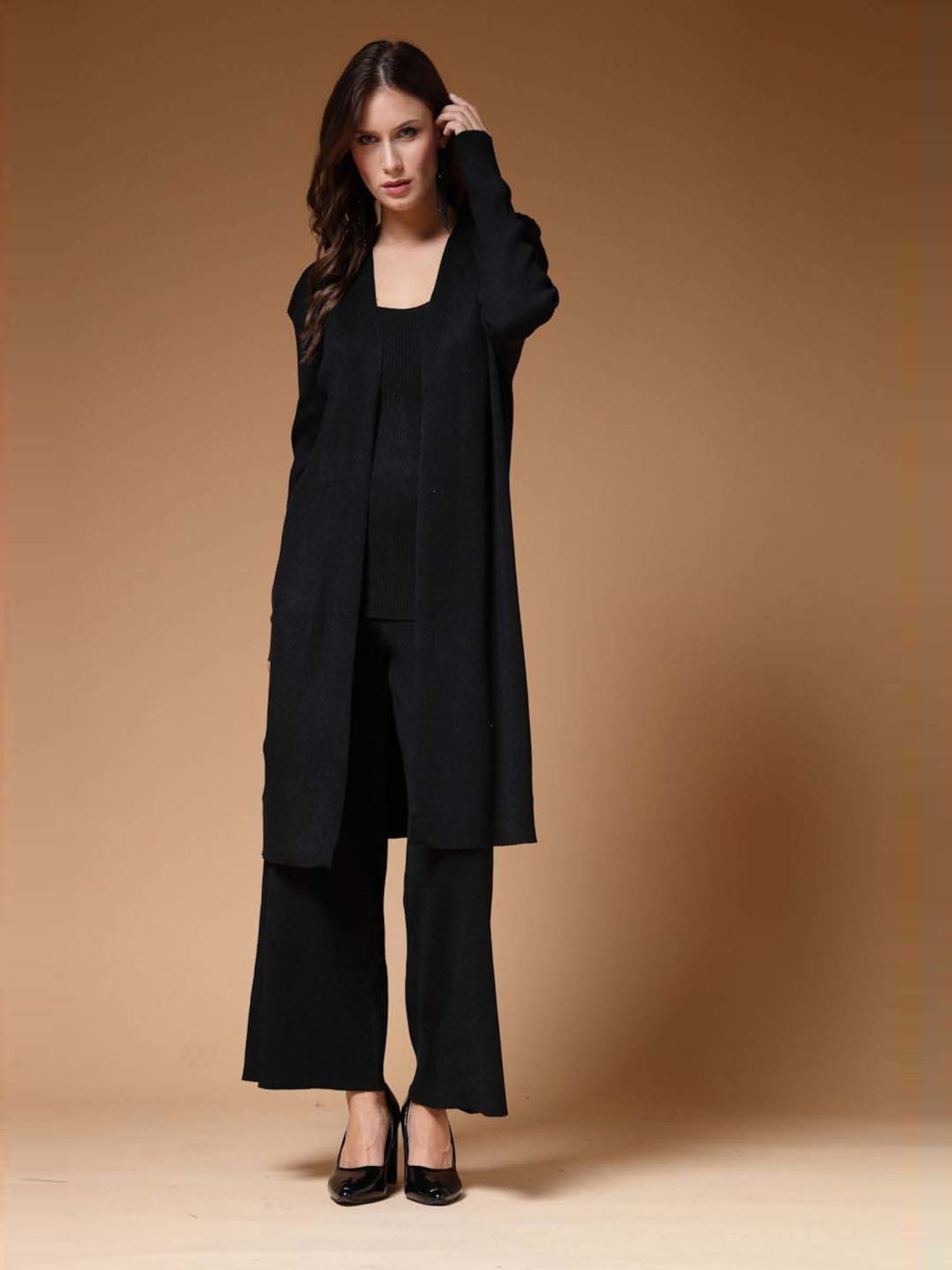 Mafadeny Black Plain Top Pants Set With Shrug