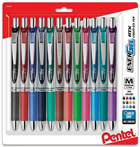 pentel energel rtx retractable liquid gel pen, 0.7mm medium line, assorted ink,12pk bl77bp12m