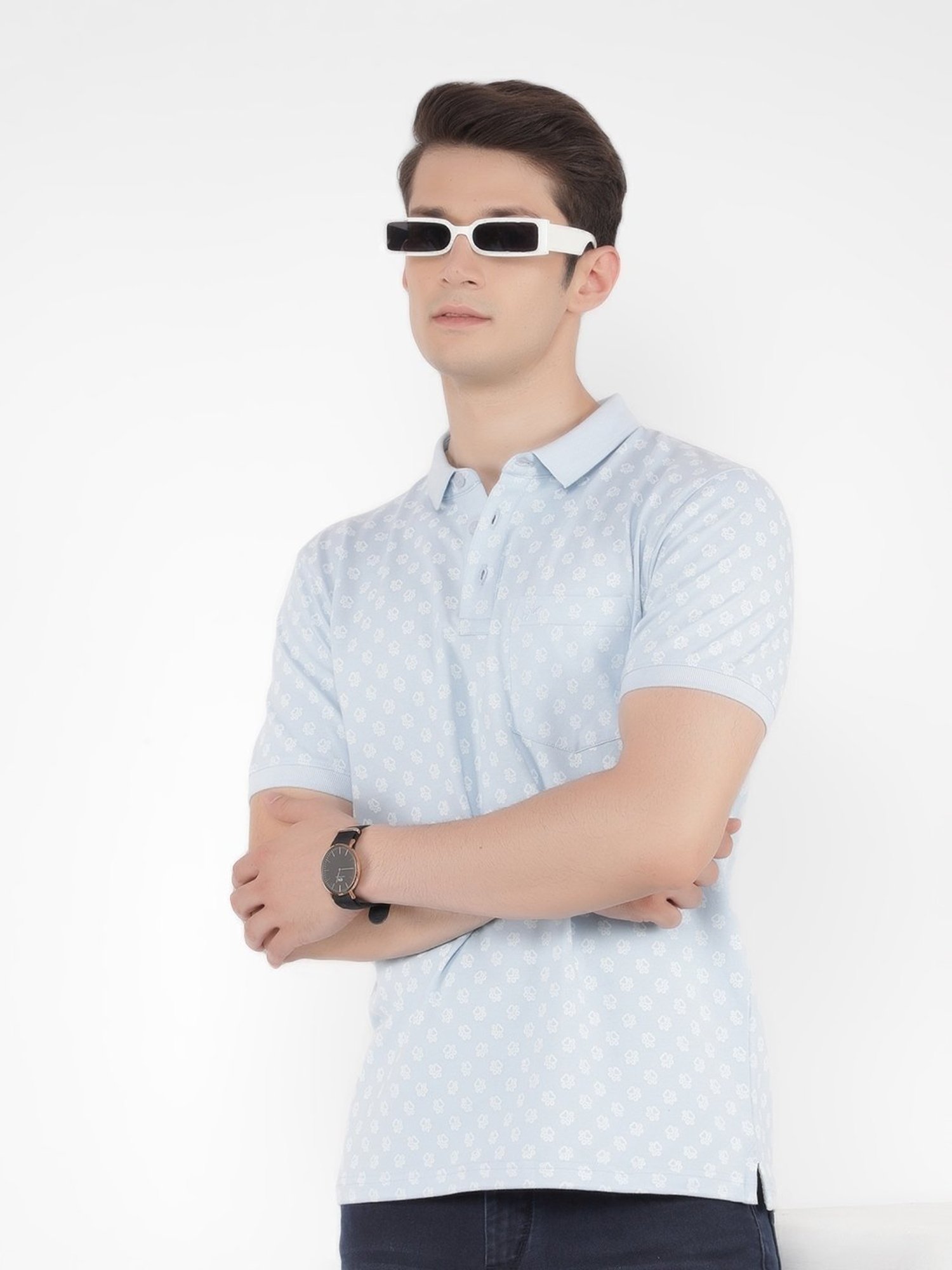 Crimsoune Club Blue Cotton Slim Fit Printed Polo T-Shirt