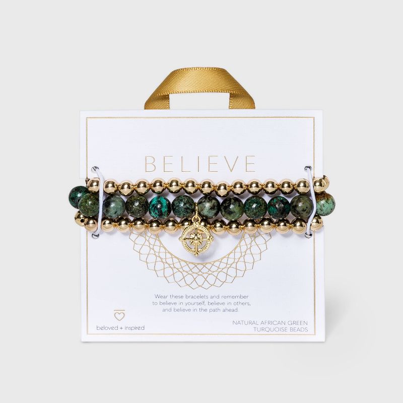 Beloved + Inspired Gold Granite with Compass Charm Trio Stretch Beaded Bracelet Set - Blue