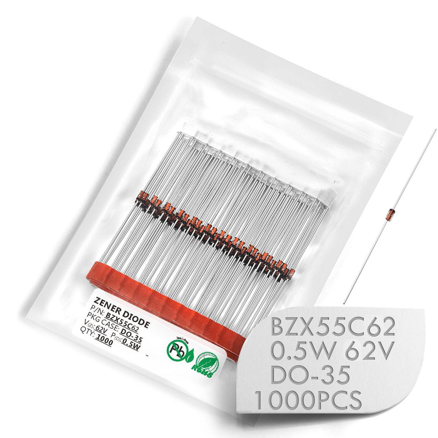 (Pack of 1000 Pieces) BZX55C62 Zener Diode 0.5W 62V DO-35 (DO-204AH) Axial Diodes 0.5 Watt 62 Volt