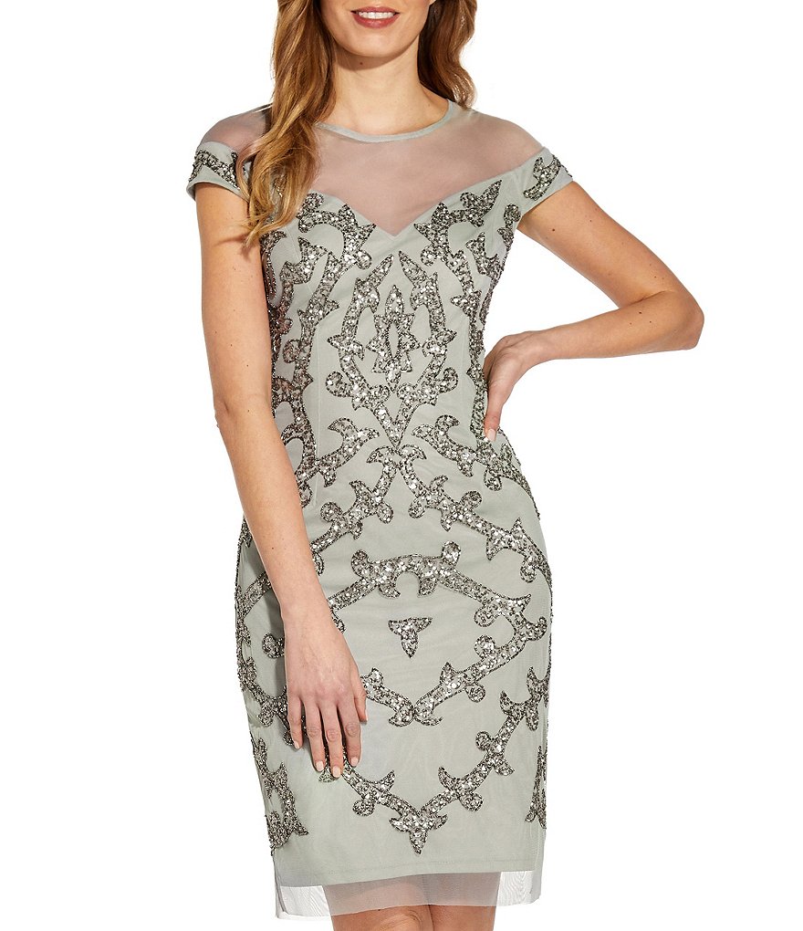 Adrianna Papell Illusion Crew Neck Cap Sleeve Beaded Cocktail Dress