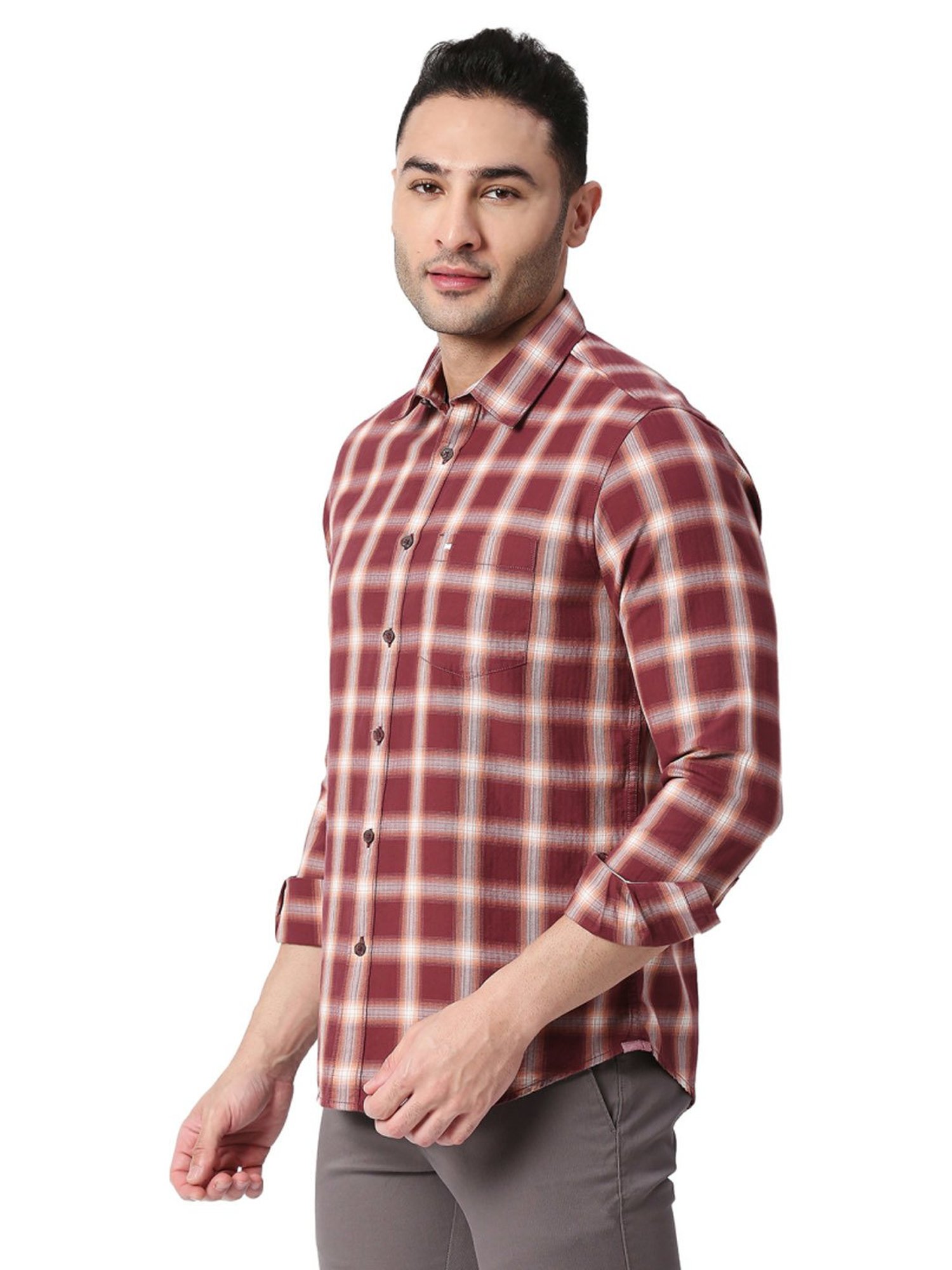 Basics Maroon Slim Fit Checks Shirt
