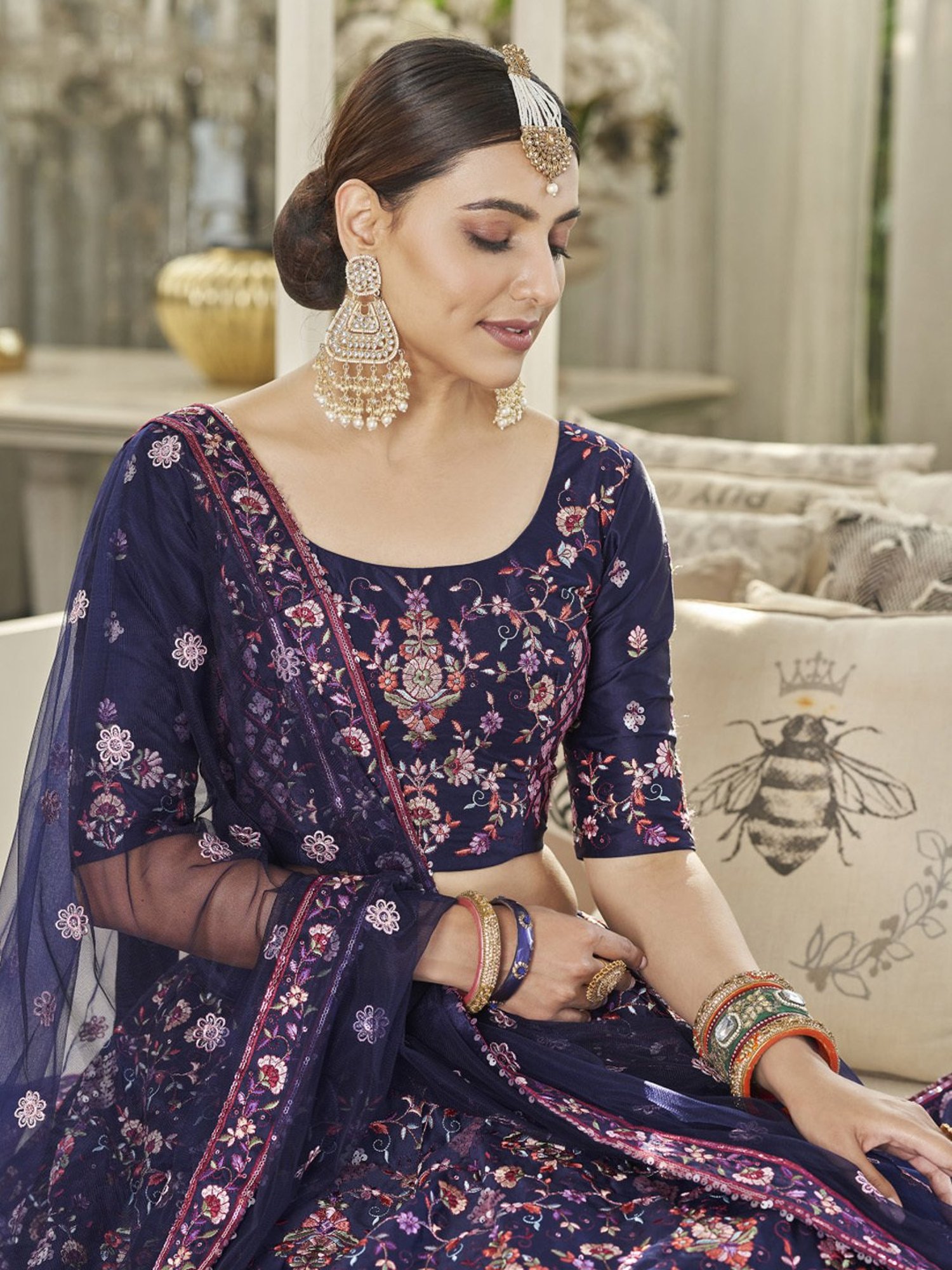 SHUBHKALA Blue Silk Embroidered Lehenga and Choli Set With Dupatta