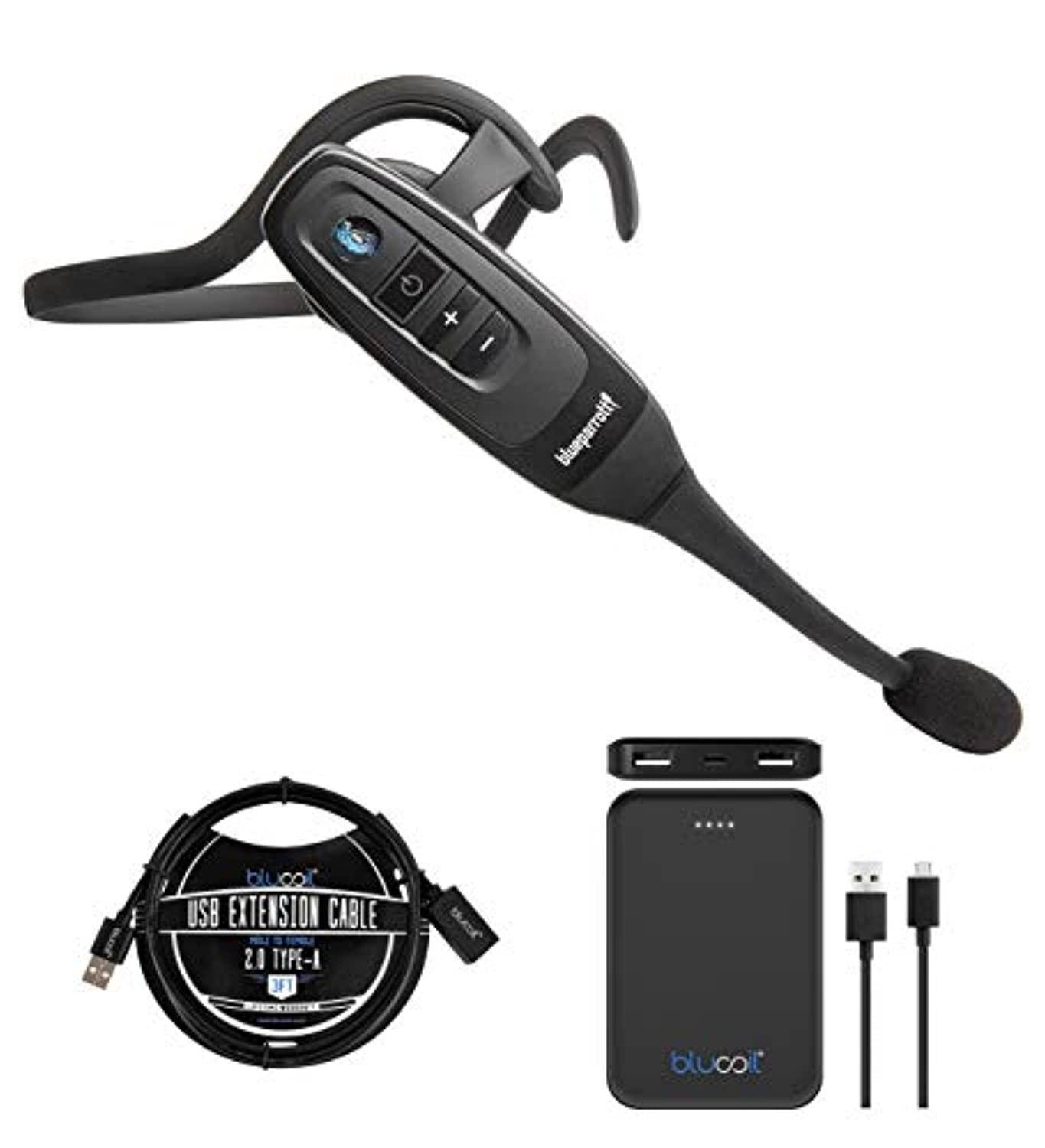 blueparrott c400-xt voice-controlled bluetooth headset with 96% noise canceling microphone for ios and android bundle with blucoil 5000mah portable power bank, and 3-ft usb 2.0 typ