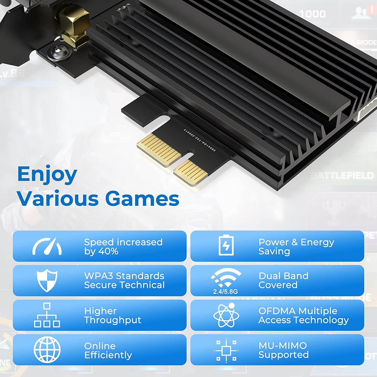 AX200 WiFi 6 PCIe WLAN card for PC, 2974 Mbps 802.11AX Dual Band PCI-Express Wireless Adapter Network Card with Bluetooth 5.1, MU-MIMO, OFDMA, suitable for Windows 10 (64 bit)