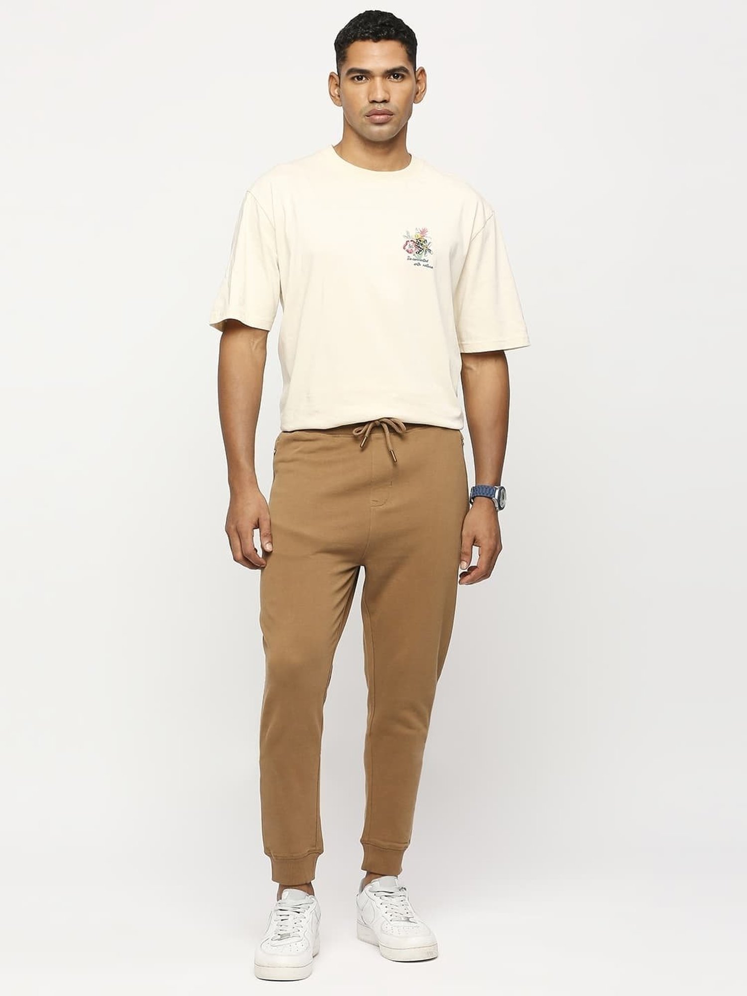 Basics Brown Cotton Jogger Fit Texture Joggers