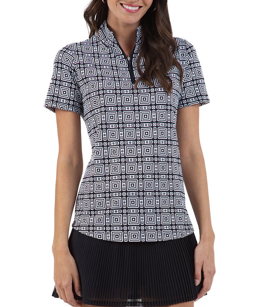 IBKUL Pricilla Print Short Sleeve Antimicrobial Mock Neck