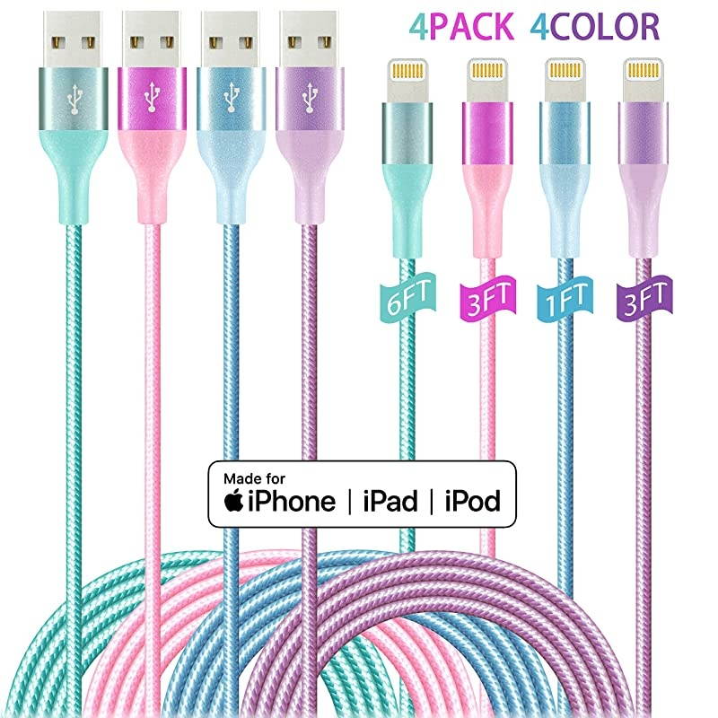 Charger Lightning Cable 4Pack6331ft 4Color Apple Certified Nylon Braided Long Fast USB Cord Compatible for 11Pro MAX Xs XR X 8 7 6S 6 Plus SE 5S 5C Pink Purple Blue Green