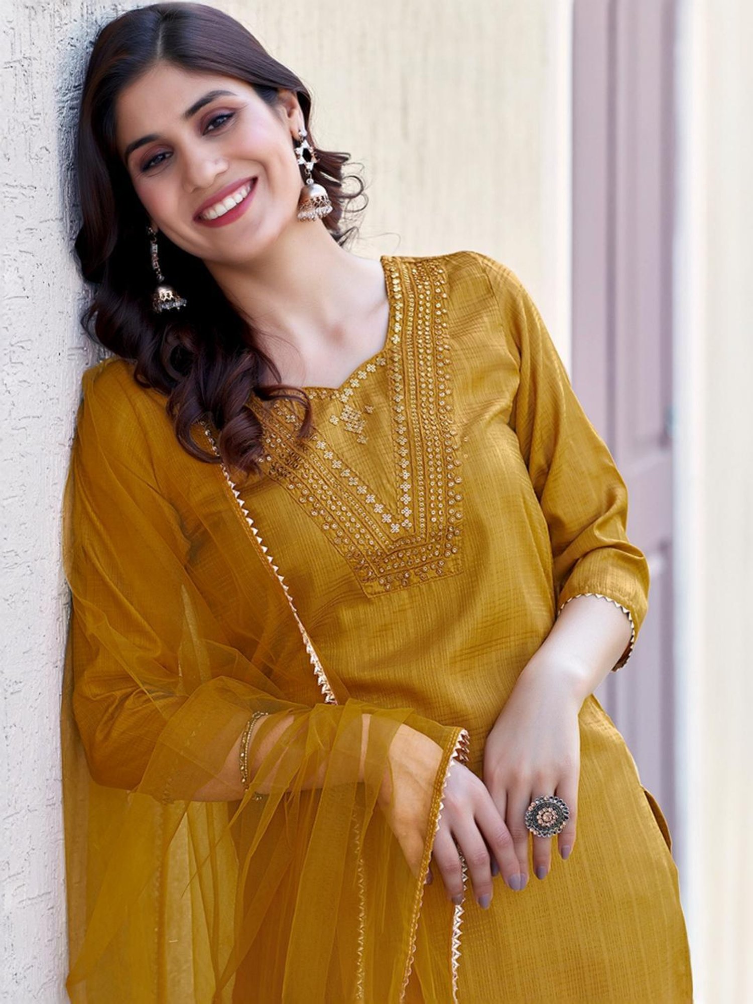 Skylee Mustard Embroidered Kurta Pant Set With Dupatta