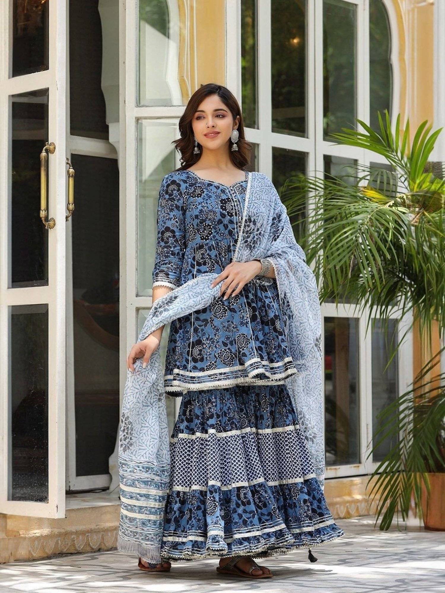 Everbloom Blue Amreen Printed Flared Kurti With Sharara & Dupatta