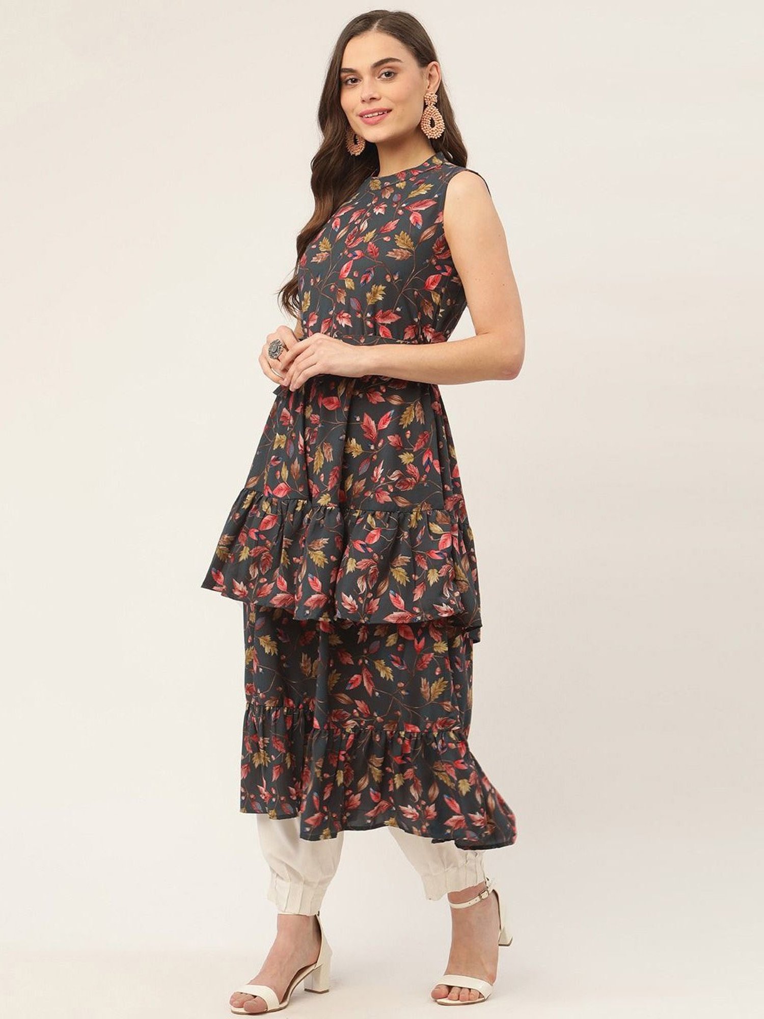 Jompers Grey & Pink Floral Print Flared Kurta