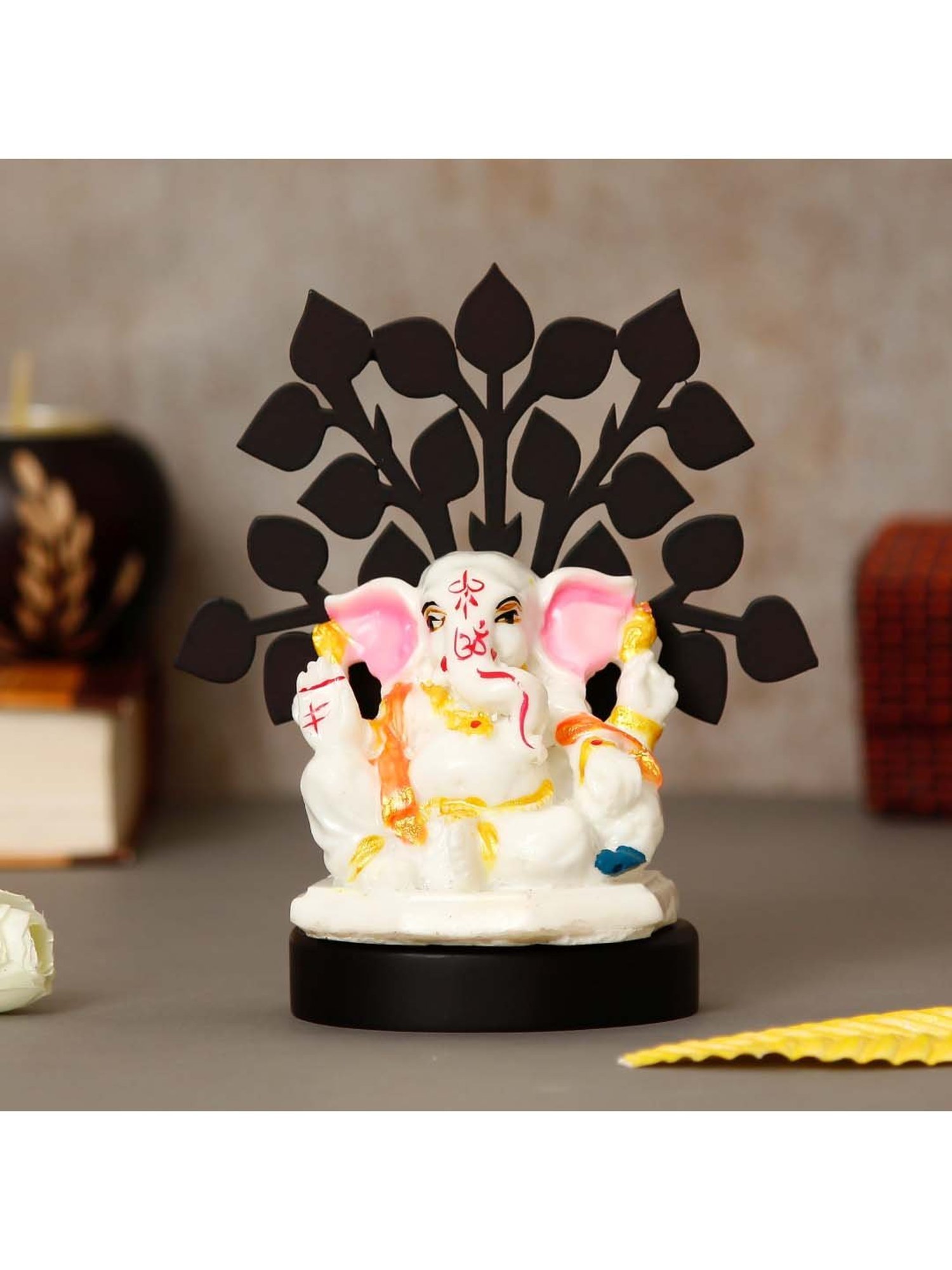 Decorative Lord Ganesha Idol with Wooden Tree for Car Dashboard, Home Temple and Office Desks
