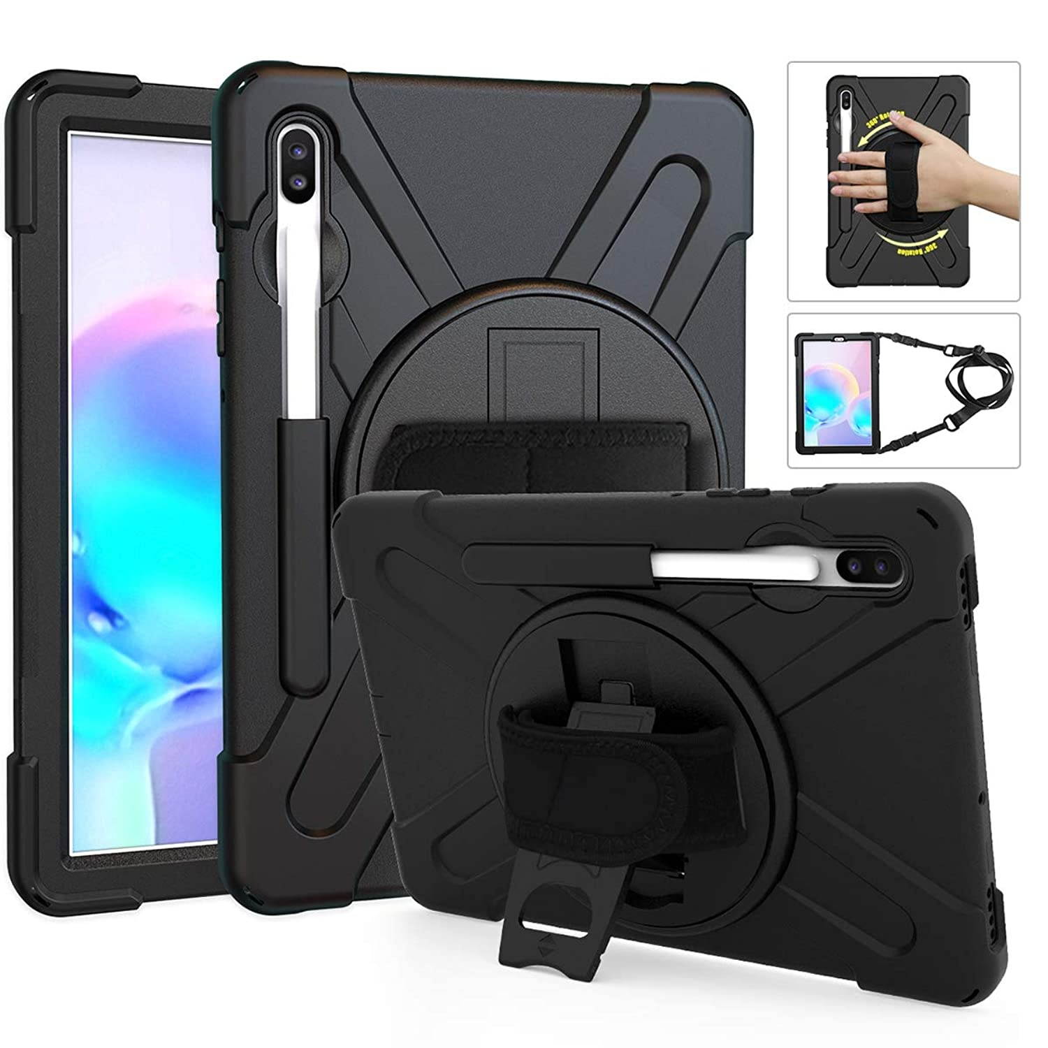 MoKo Case Fit Samsung Galaxy Tab S6 10.5, [Heavy Duty] Shockproof Full-Body Rugged 360 Degree Rotating with Shoulder Strap Stand Cover for Galaxy Tab S6 10.5" SM-T860/T865 2019 Tablet - Black