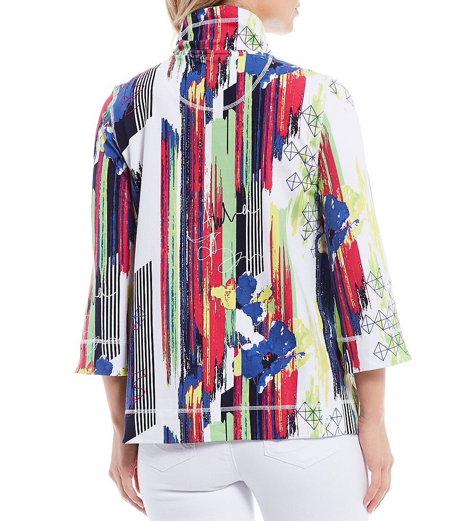 Multiples Petite Size Multicolor Floral Placement Abstract Print Drawstring Collar Zipper Front Baby French Terry Jacket