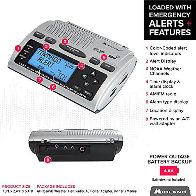 Midland - WR300, Deluxe NOAA Emergency Weather Alert Radio - S.A.M.E. Localized Programming, 60+ Emergency Alerts, & Alarm Clock w/ AM/FM Radio