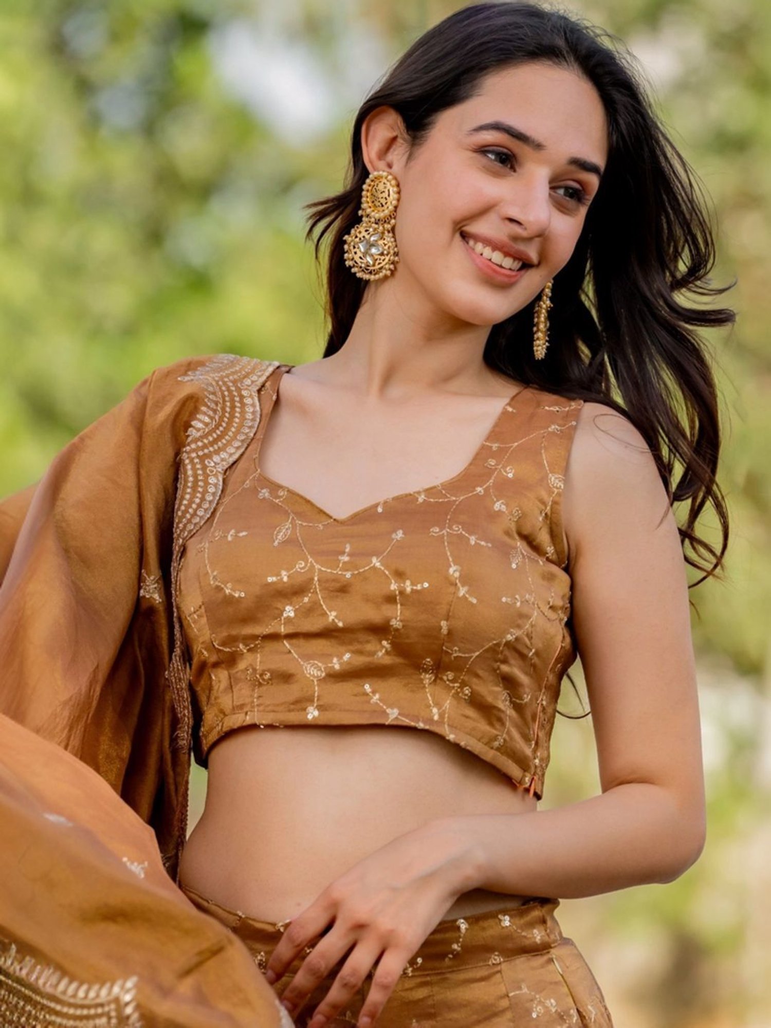 HOUSE OF JAMOTI Brown Embroidered Lehenga Choli Set With Dupatta