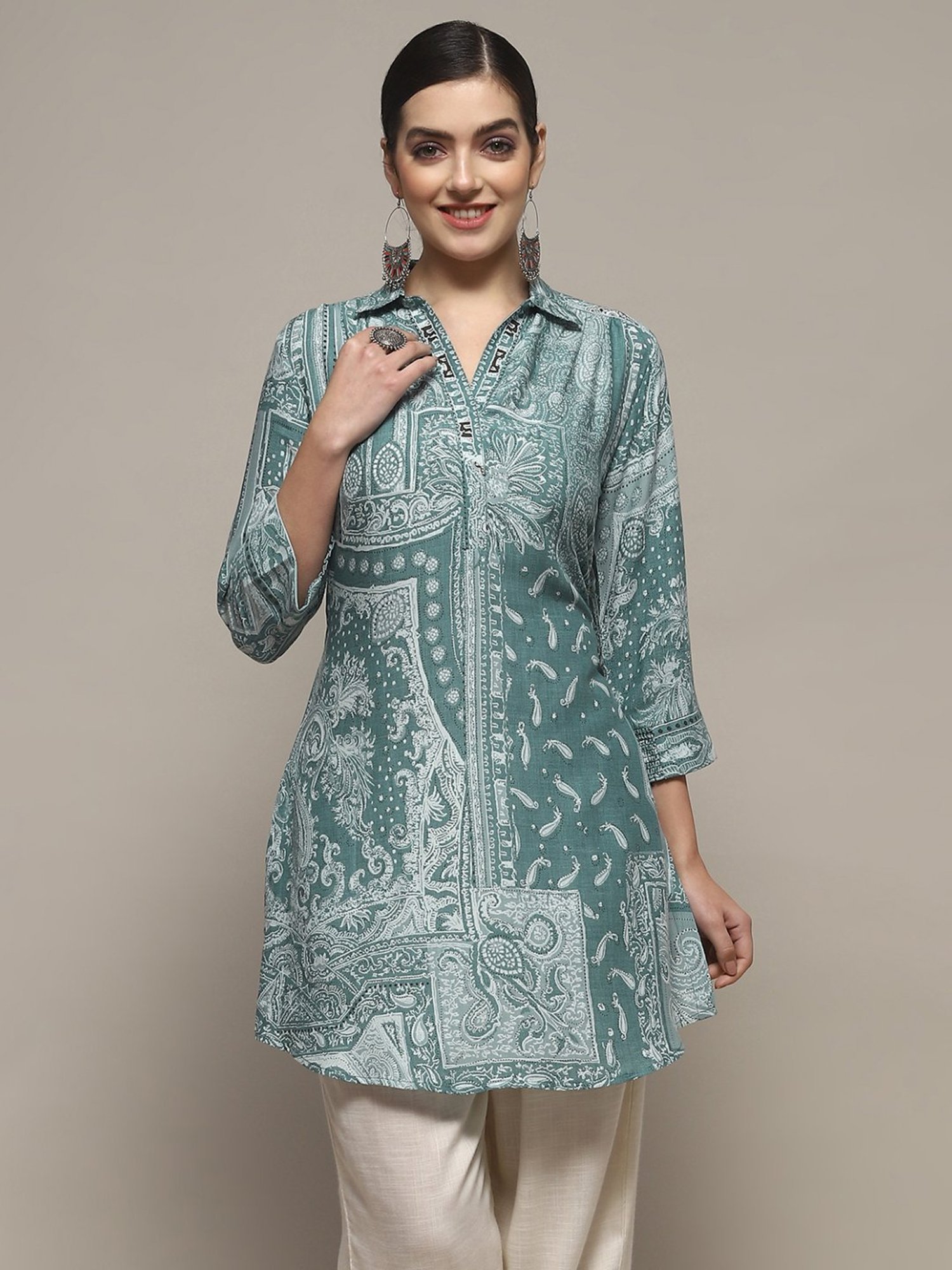 Biba Green Printed A Line Short Kurti
