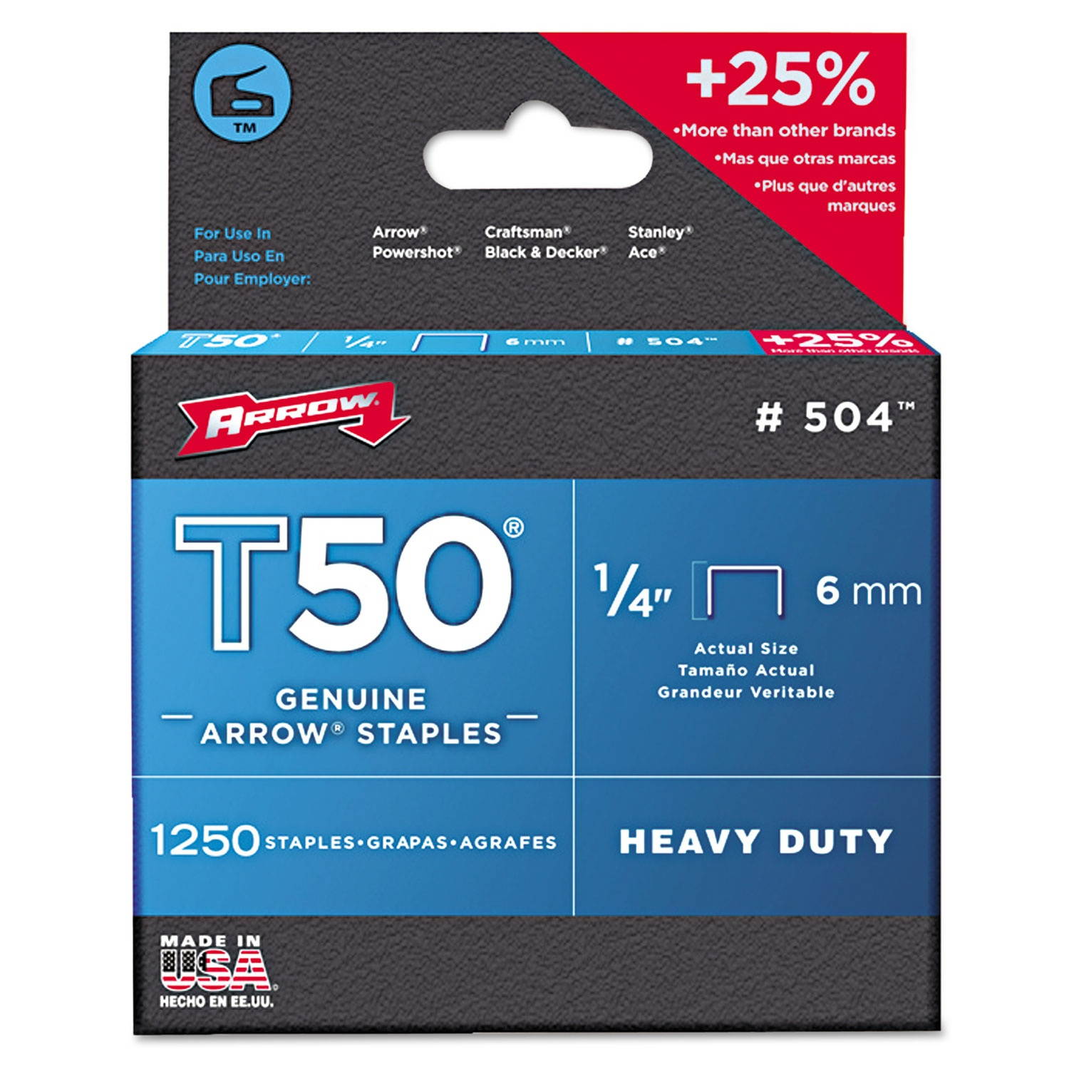 Arrow Fasteners T50 Heavy Duty Staples 0.25" Leg 0.38" Crown Steel 1250/Pack 504