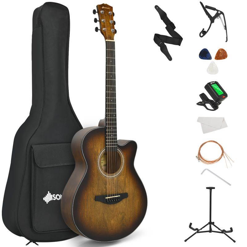 Sonart 40'' Full Size Cutaway Acoustic Guitar Starter Guitarra Bundle Kit Coffee