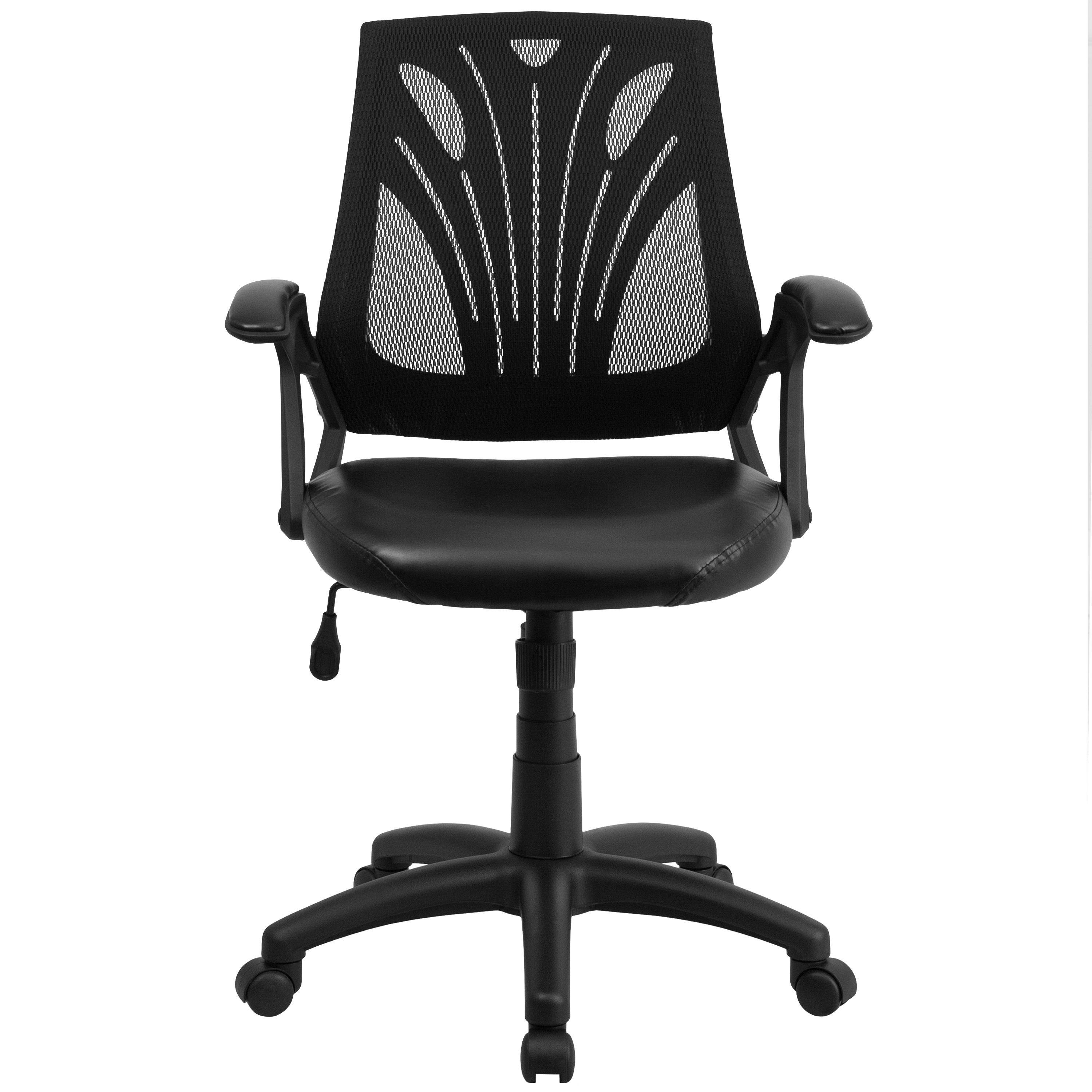 Mid-Back Designer Black Mesh Swivel Task Office Chair with LeatherSoft Seat and Open Arms