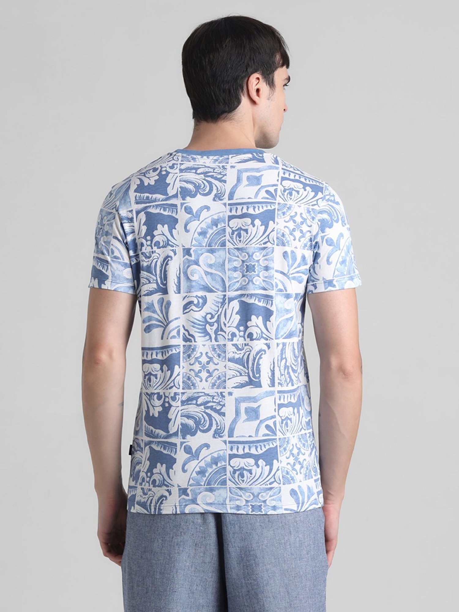Jack & Jones Blue Ashes Cotton Slim Fit Printed T-Shirt