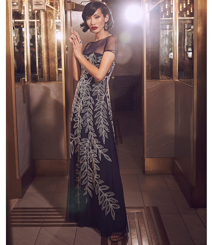 JS Collections Beaded Illusion Yoke A-Line Gown