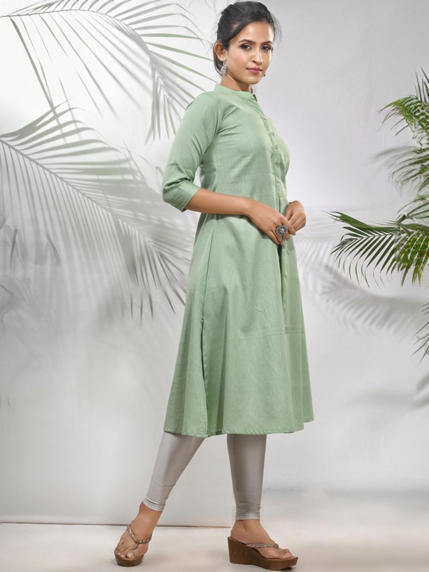 CHARUKRITI Green Cotton Woven Pattern A Line Kurta