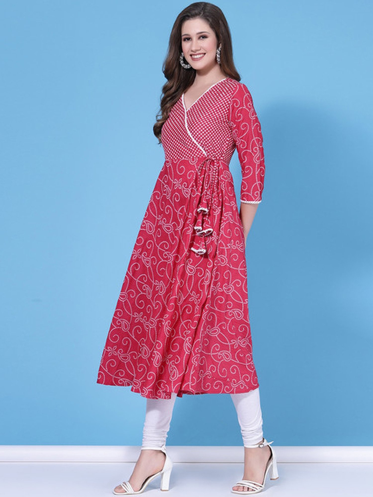 Skylee Pink & White Bandhani Print A Line Kurta