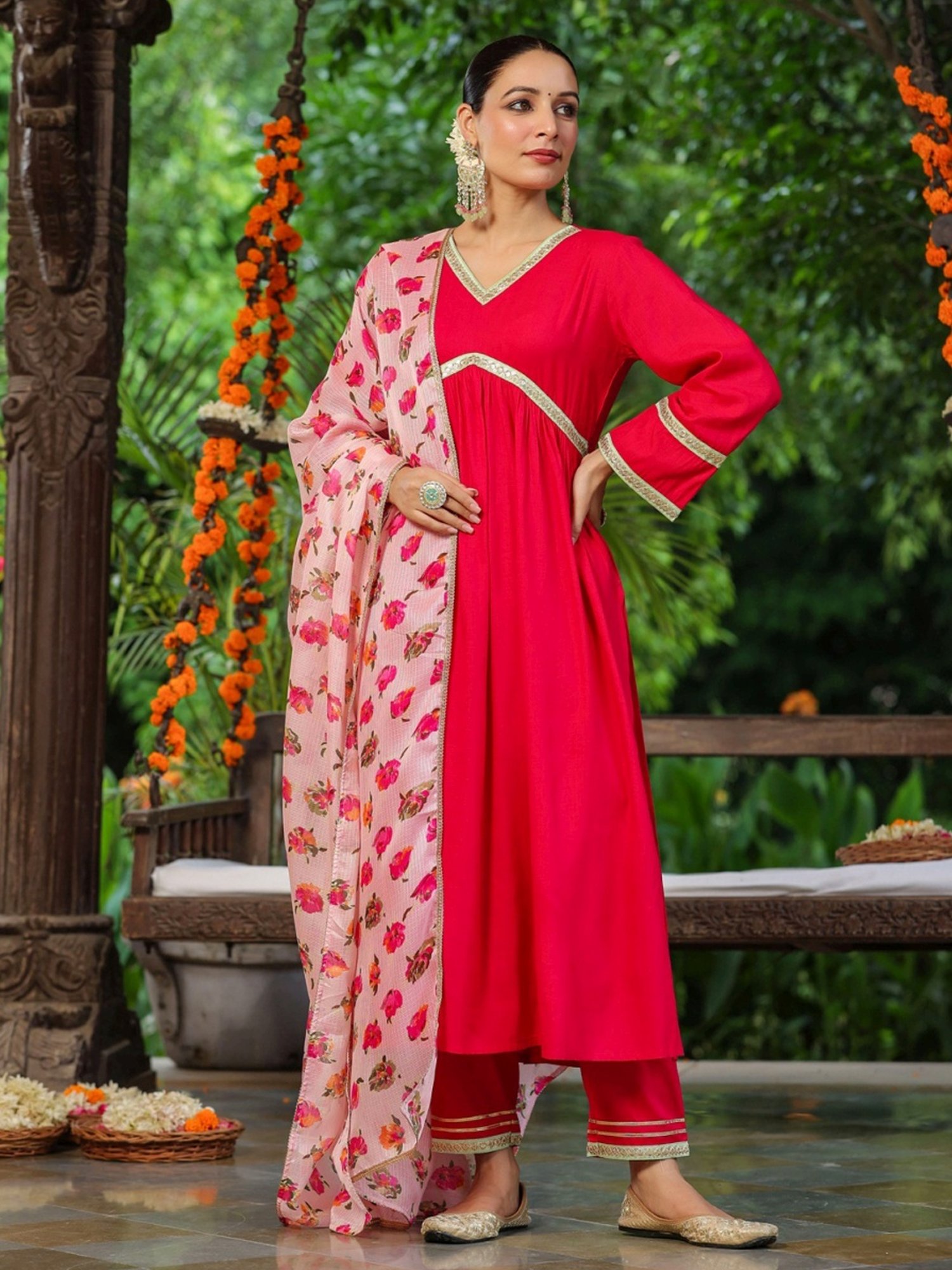 Rain and Rainbow Fuchsia Pink Embroidered Kurta Pant Set With Dupatta