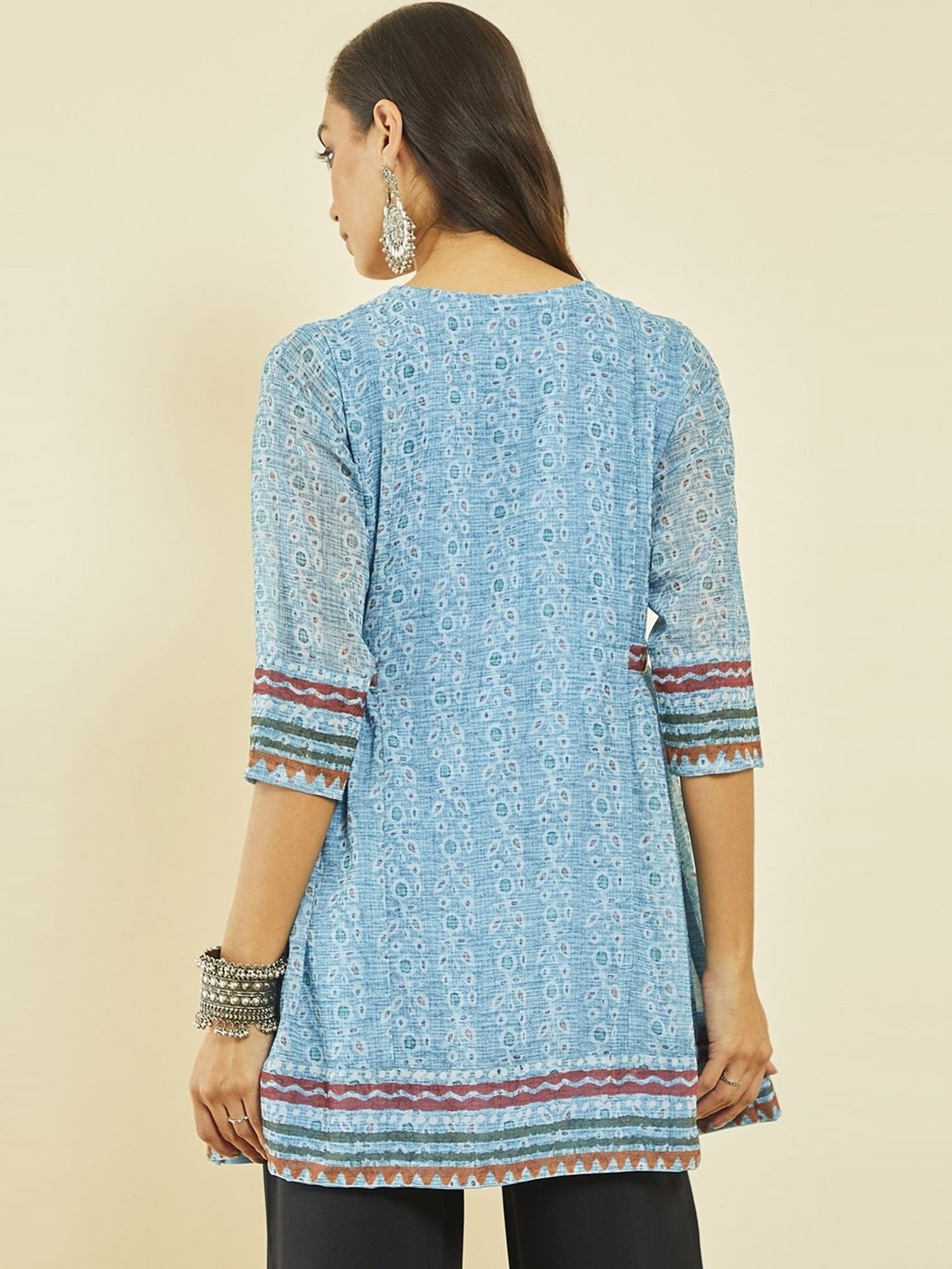 Soch Turquoise Blue Georgette Floral Print Round-Neck Tunic with Beadwork