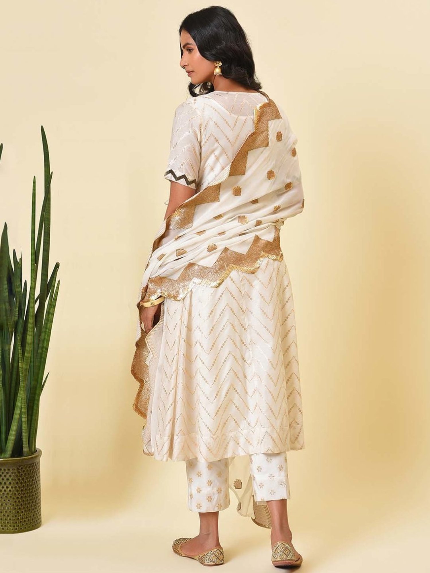 Nuhh Off White & Gold Kurta with Pant & Dupatta Set