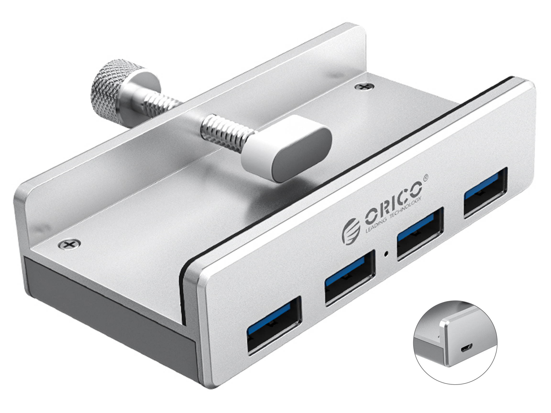 ORICO MH2AC-U3 Aluminum 2 Ports USB 3.0 Clip-type HUB With SD Card Reader For Desktop Laptop Clip Range 10-32mm With 4.95FT ( 1.5Meter) Date Cable - Silver