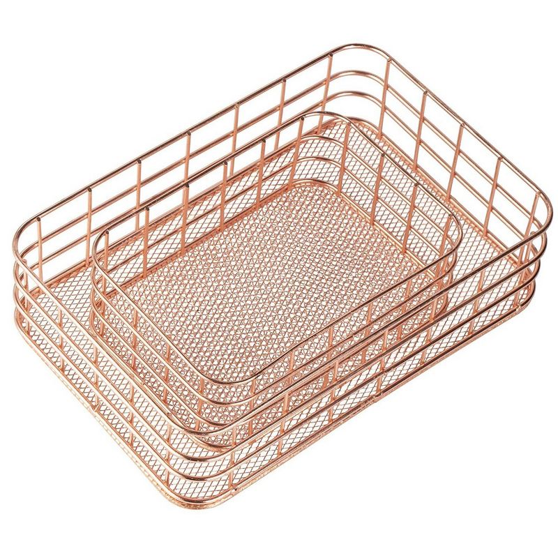 Juvale 2-Set Metal Wire Baskets, Nesting Copper Mesh Desk Drawer Storage Organizer for Cosmetic Stationery, Rose Gold, 2 Sizes