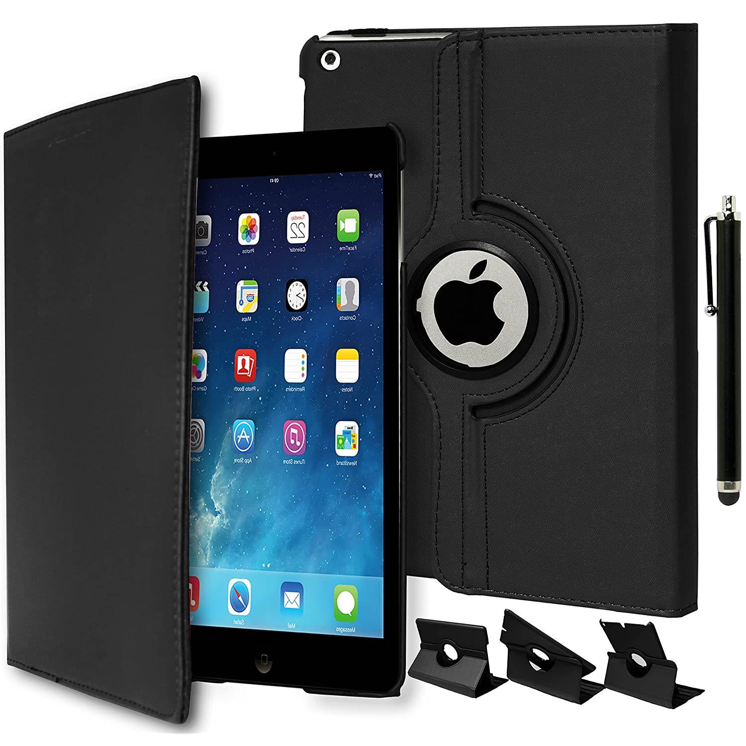 iPad air Case, Bastex 360 Rotating Synthetic Leather Magnetic Case Cover with Auto Sleep/Wake Feature for iPad Air 5 (5th Generation, 2013 Model)(Black)[Includes a Stylus]