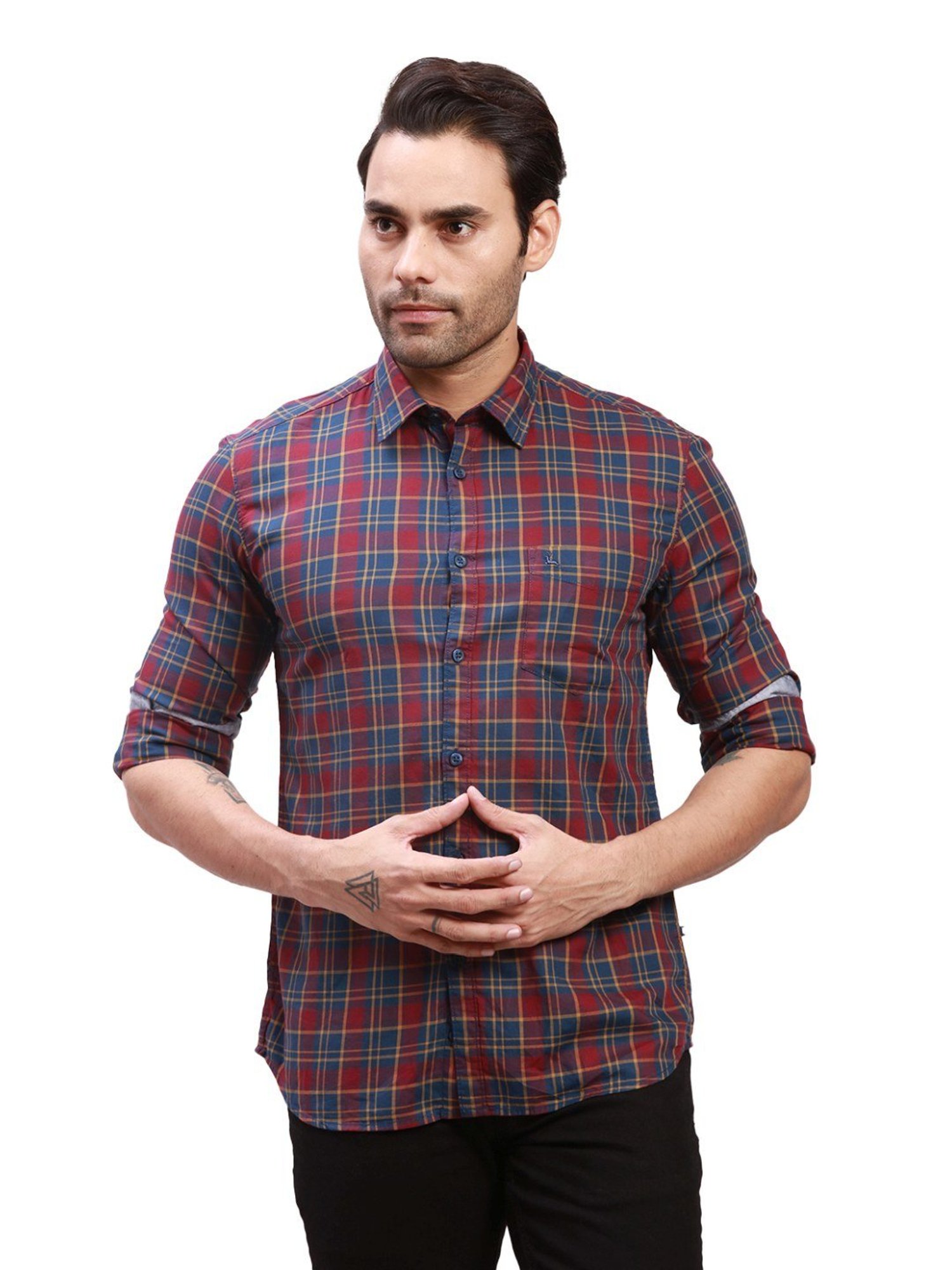 Spykar Blue Cotton Slim Fit Checks Shirt