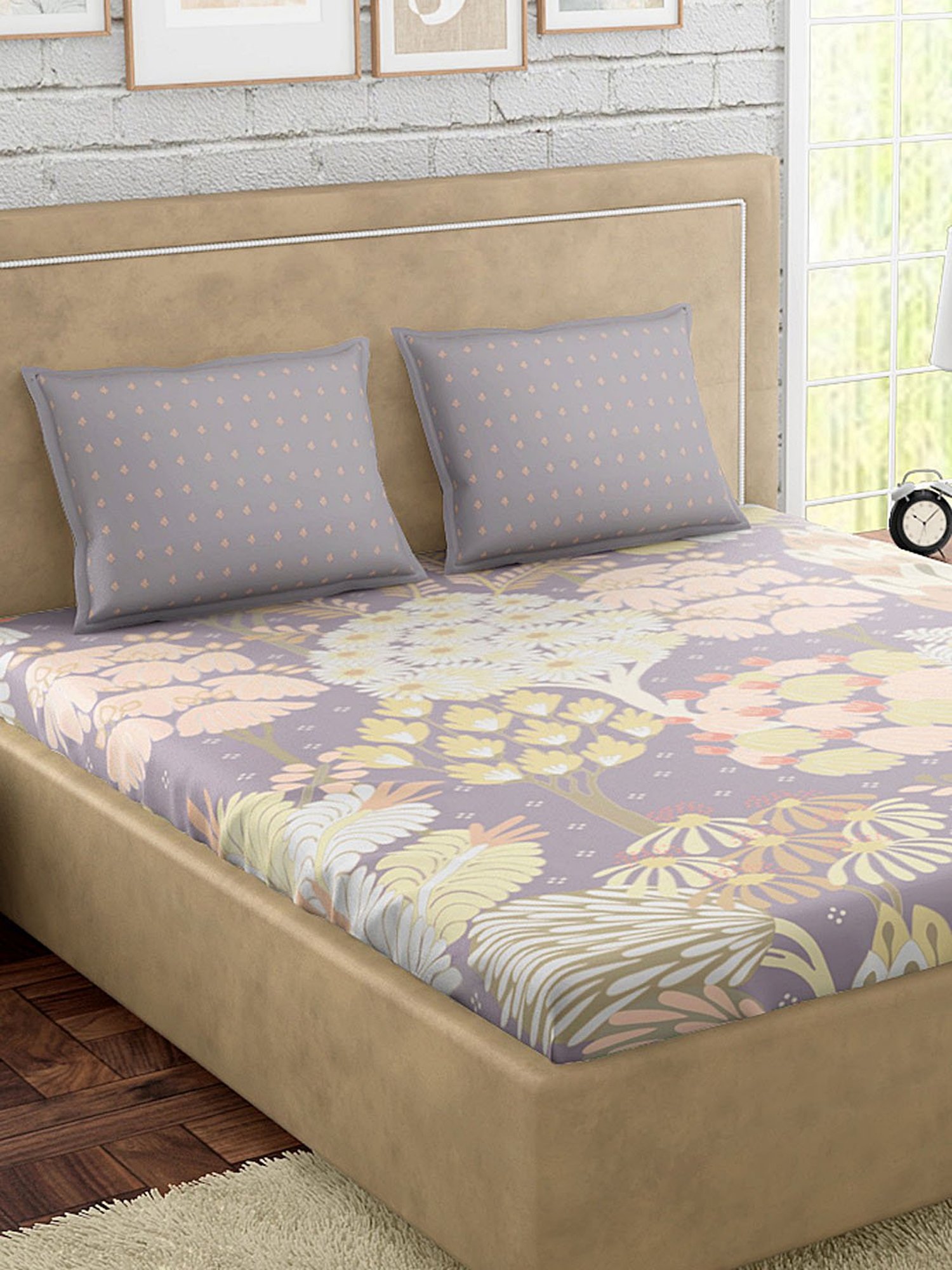 Petal Home Acadia Abstract Grey 300 TC Cotton Queen Size Bed Sheet with 2 Pillow Covers