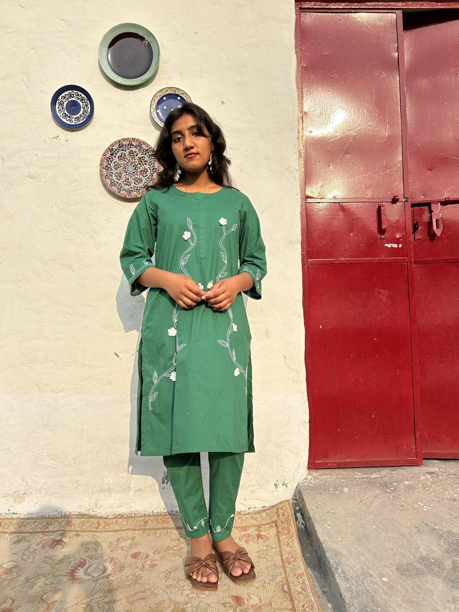 Zuri Green 3D Patch Work Embroidered Cotton Kurta