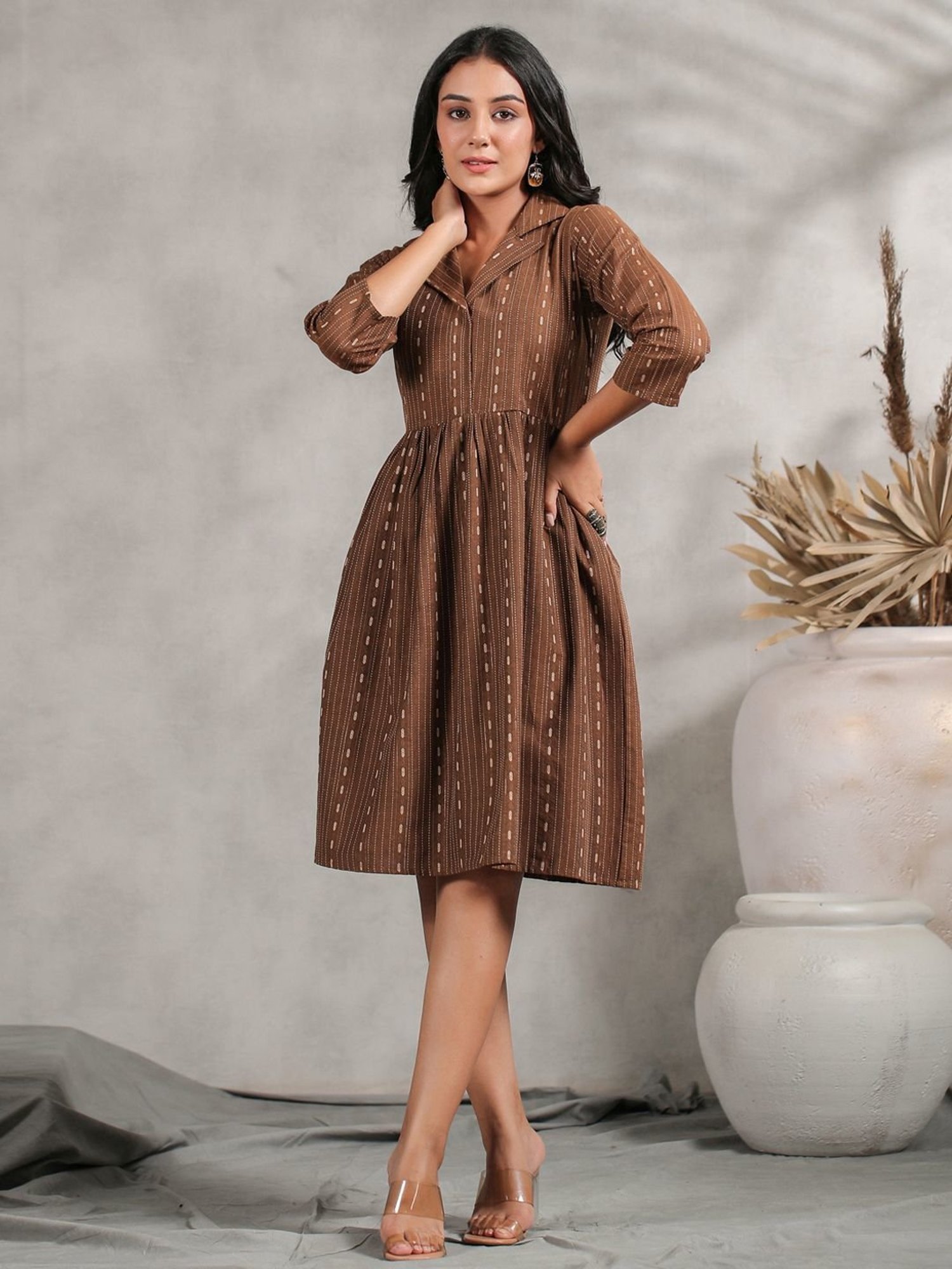 Anubhutee Brown Cotton Printed A-Line Dress