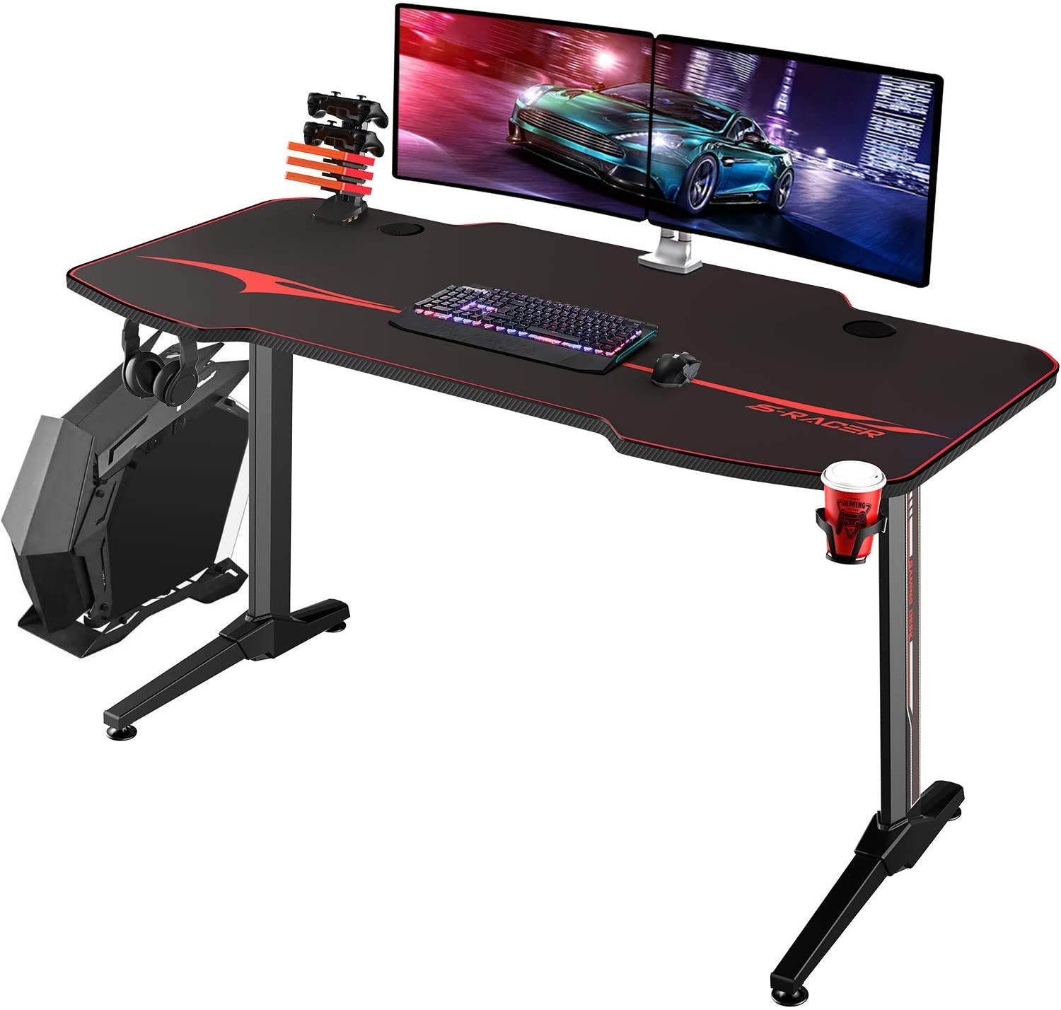 Homall 55 Inch Ergonomic Gaming Desk PC Computer Desk Home Office Table T-shaped Frame Table for Pressional Game Lover with Free Mouse Pad, Headphone Hook, Game Handle Rack and Cup Holder (Black)