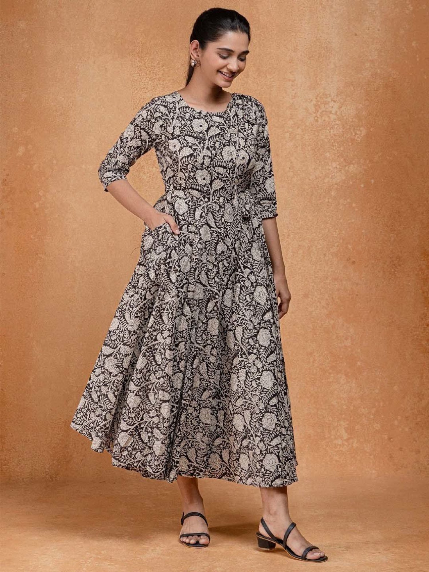 Okhai Black Floral Print Pure Cotton Ethnic Dress