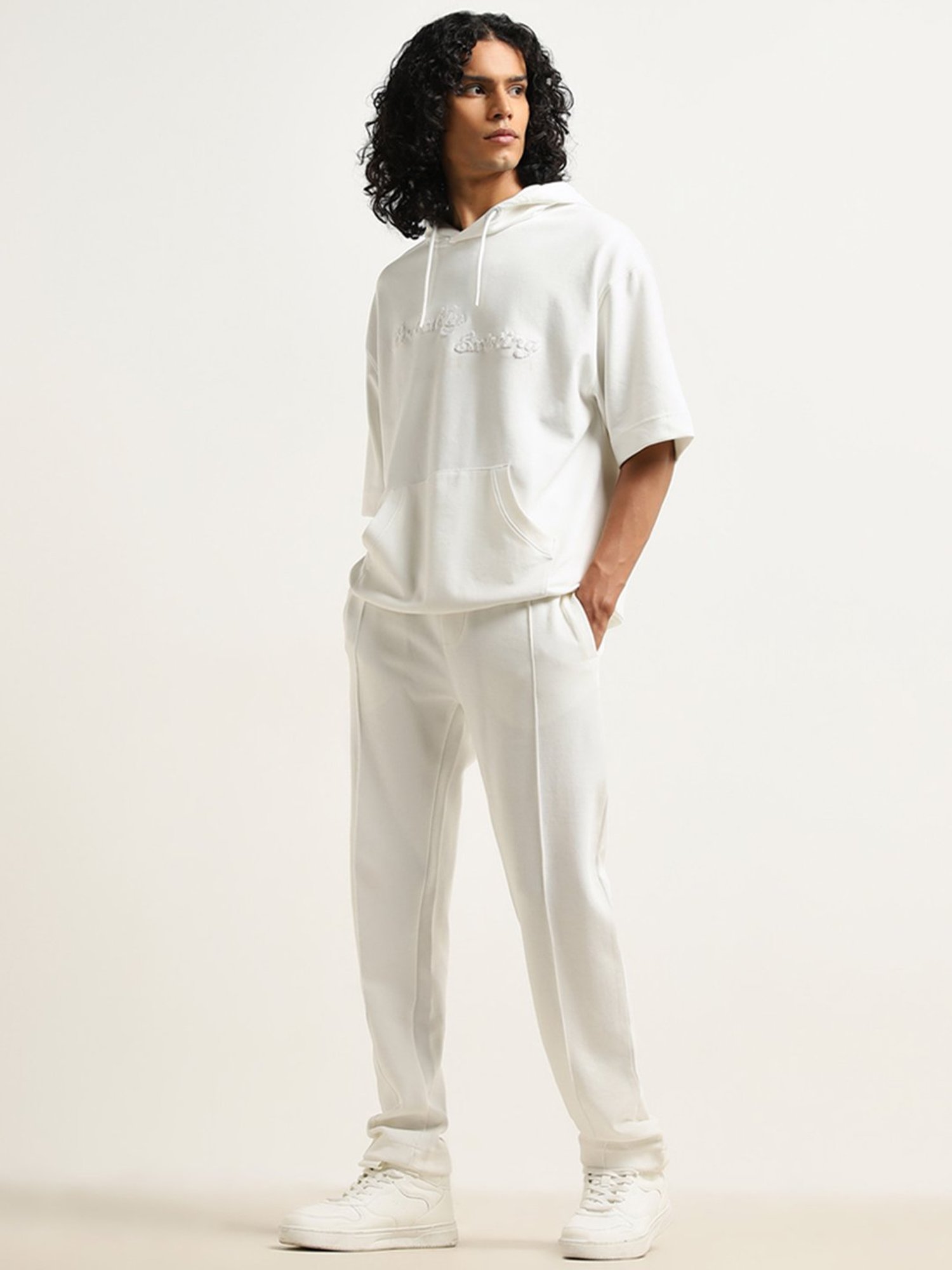 Studiofit by Westside Off-White Text Design Relaxed-Fit Hooded T-Shirt