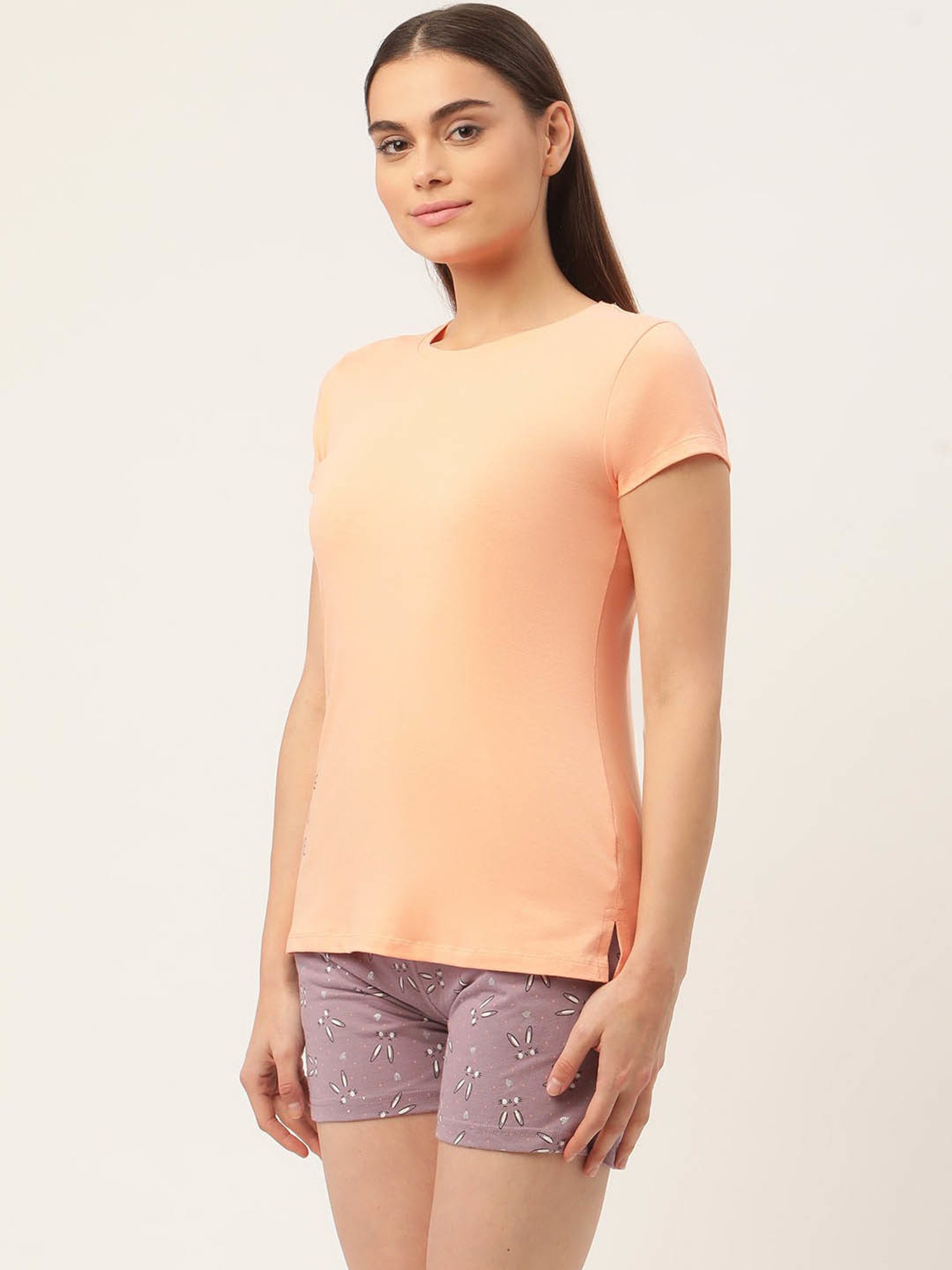 Sweet Dreams Peach & Purple Cotton T-Shirt With Shorts