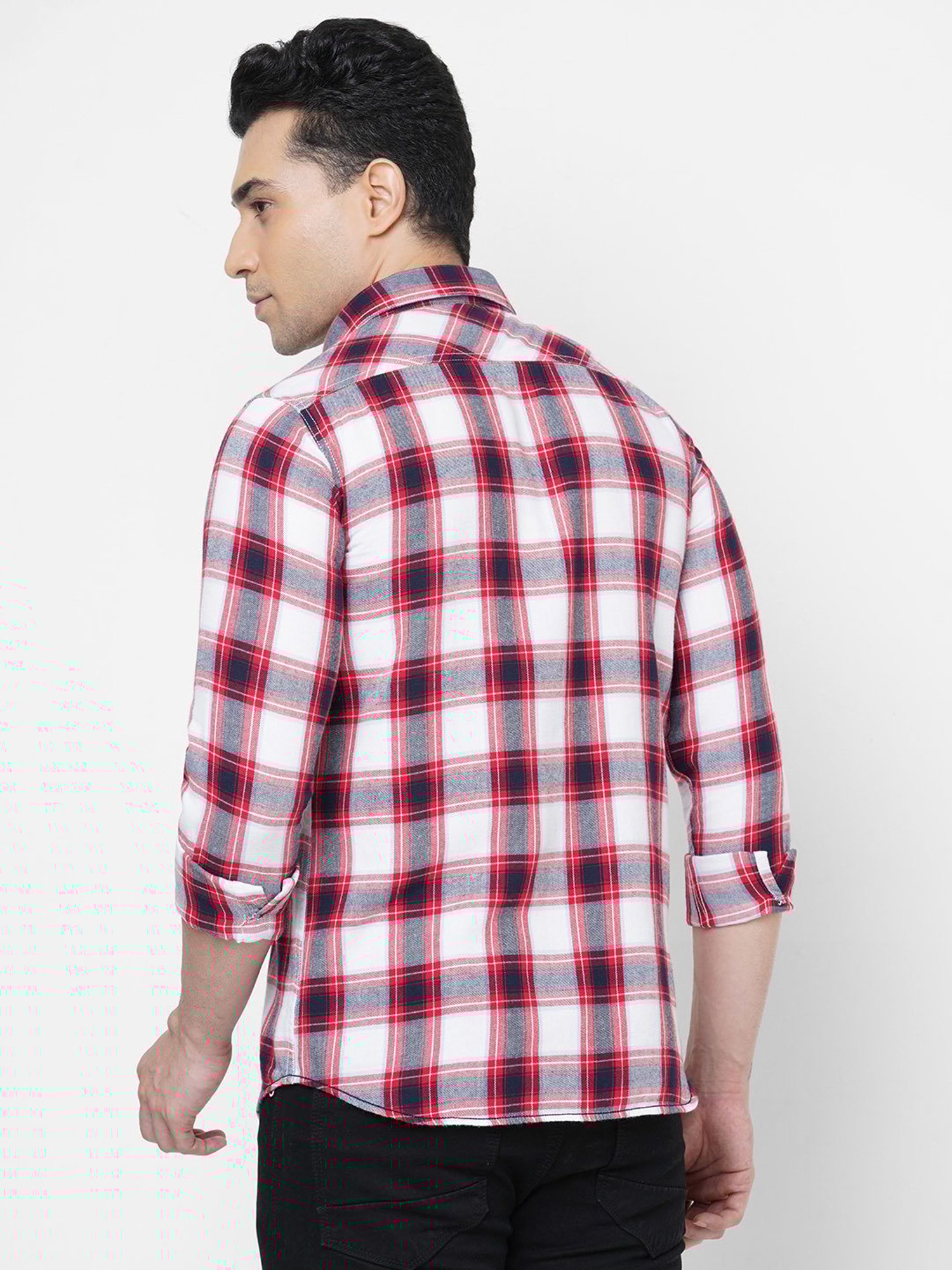 SOLEMIO White & Red Slim Fit Check Cotton Shirt