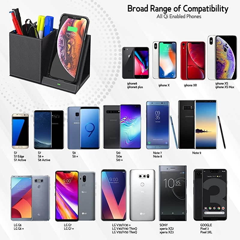 Fast Wireless Charger and Desk Organizer Black Wireless Charging Dock Compatible with iPhone 1111 ProMaxXSMax8+ Galaxy S20S20+Note109 Multiple Devices