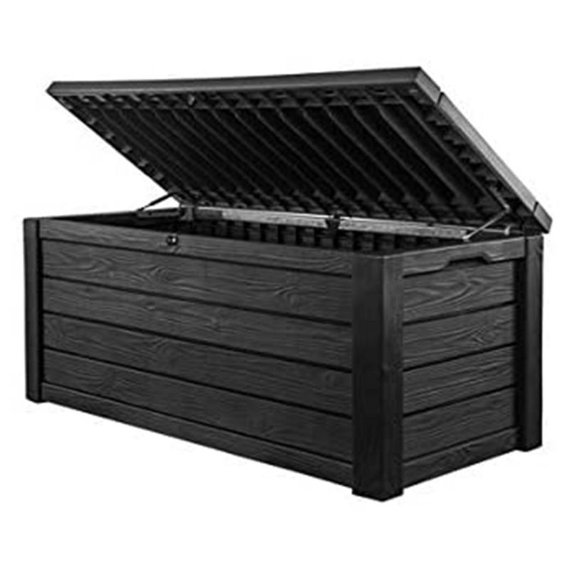 Keter Westwood Outdoor Resin Deck Storage Box Bin Organizer for Patio Furniture, Pool Toys, and Yard Tools with Natural Design, 150 Gallon, Dark Grey