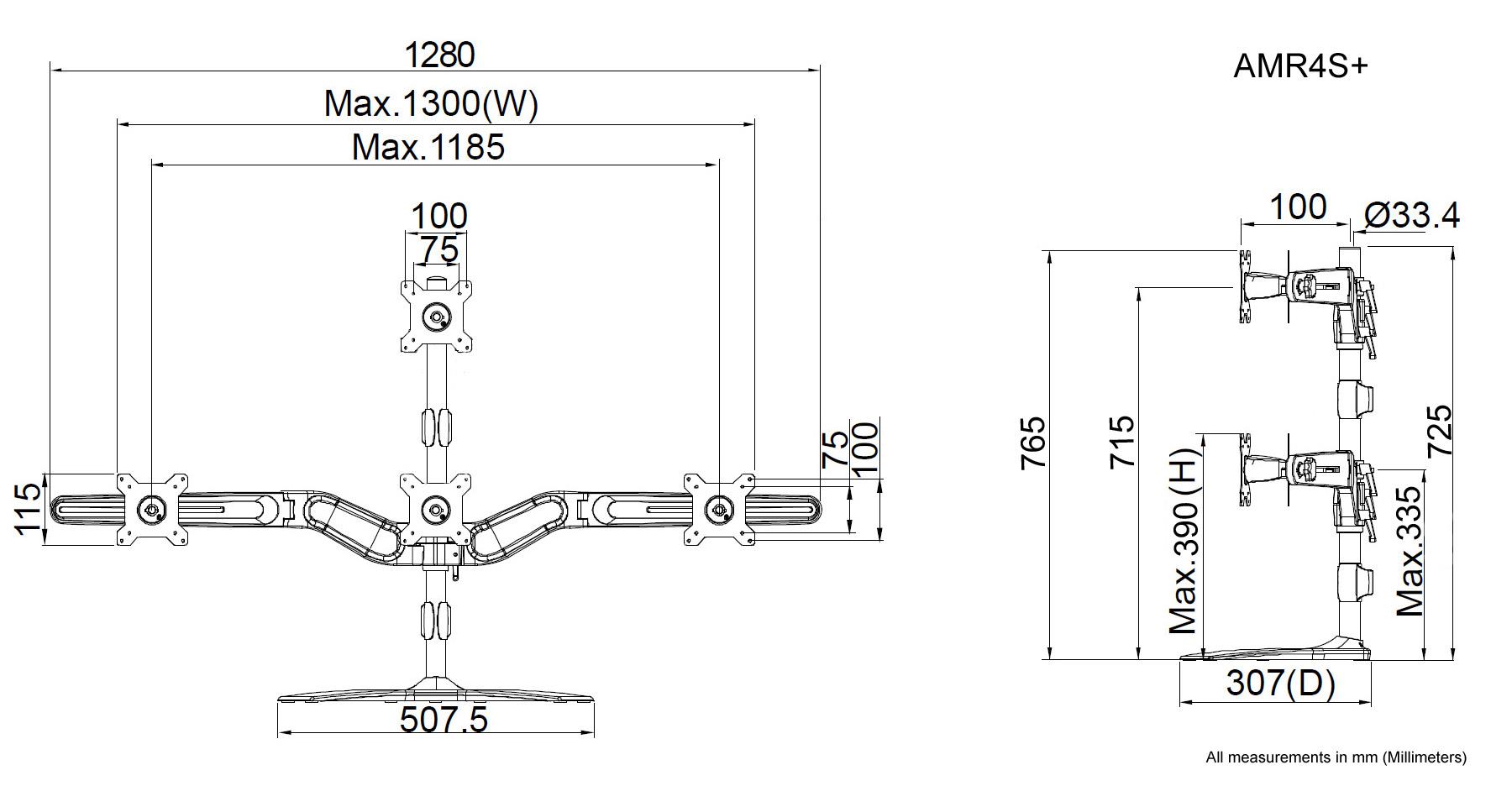 Amer Mounts Stand Base Quad One Over Three 24" Screen Mount - Black