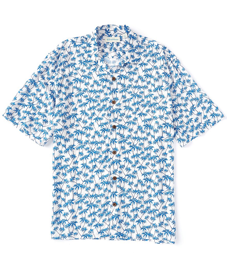 Caribbean Palm Tree Print Short-Sleeve Woven Camp Shirt