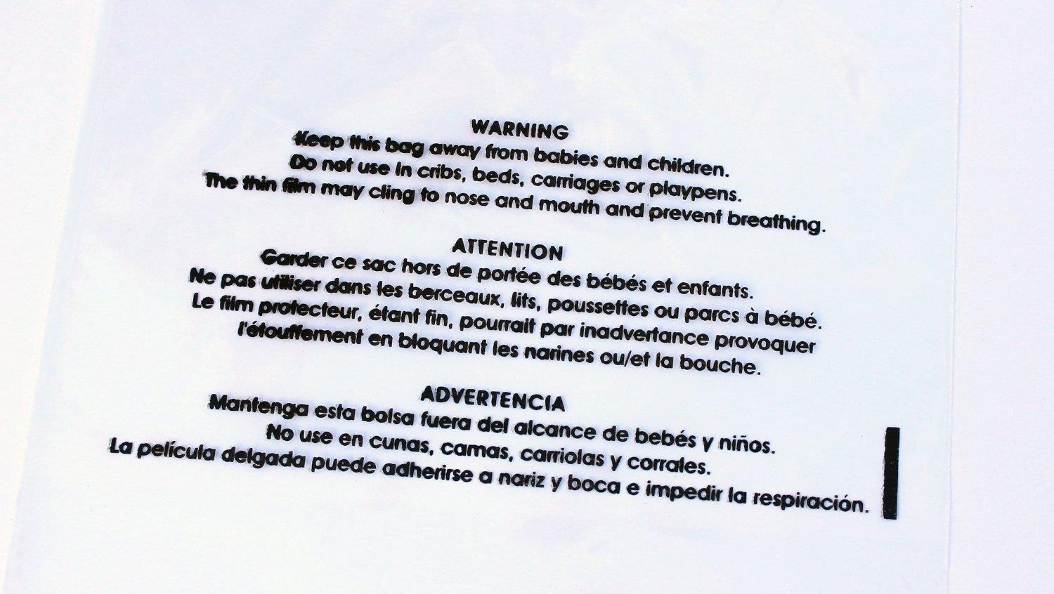 ULINE S-1931 Resealable Suffocation Warning Bag for Shirts and Toys with Trilingual Printed Warning (1.5 Mil, 11 x 14 Inches, 100 Count)