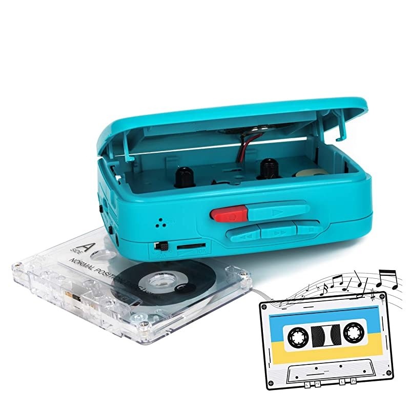 Cassette Player FM Am Radio Walkman Portable Cassette Converter Automatic Stop System Protect Cassette Tape Mic Recorder 2 AA Battery or USB Power Supply Belt clip with Headphone Teal